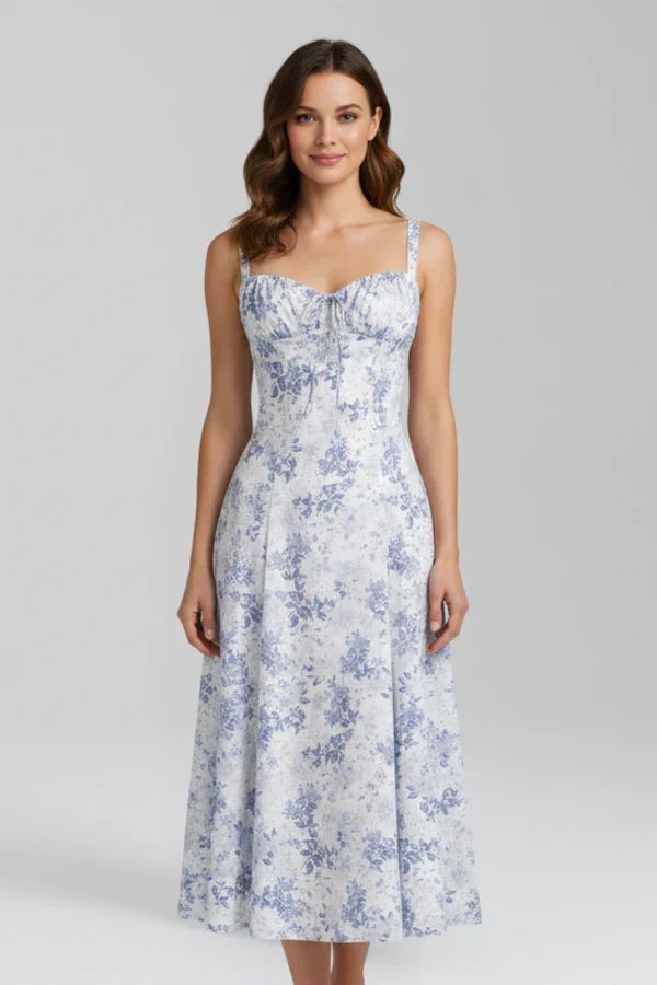 Lightweight women's dress - spaghetti-strap, flowy floral midi, polyester, for summer