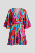 Lightweight flattering women's dress - doll-sleeve V-neck, irregular hem, paisley print, casual