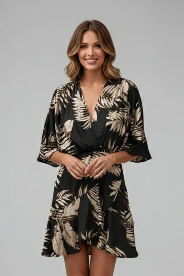 Lightweight flattering women's dress - doll-sleeve V-neck, irregular hem, paisley print, casual