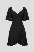 Lightweight women's dress - V-neck wrap waist, flutter sleeves, ruffle hem, polyester, for occasions