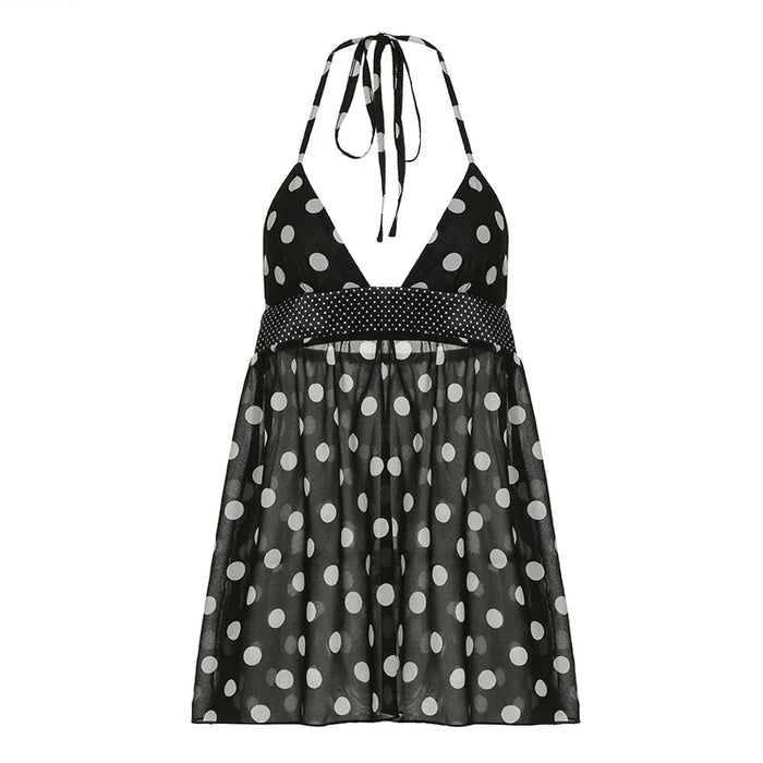 Women's Polka Dot Cami Top, Backless Mesh Design, Flattering A-Line Hem, Trendy Going Out Tank Top for Summer