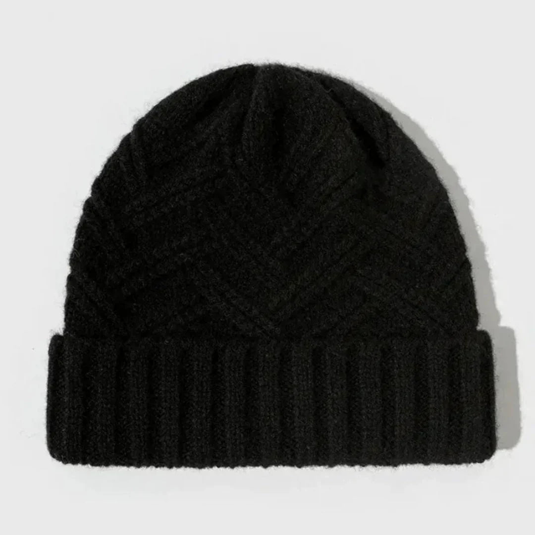 Warm Classic Wool Beanie - Ribbed Cuff, Chevron Knit