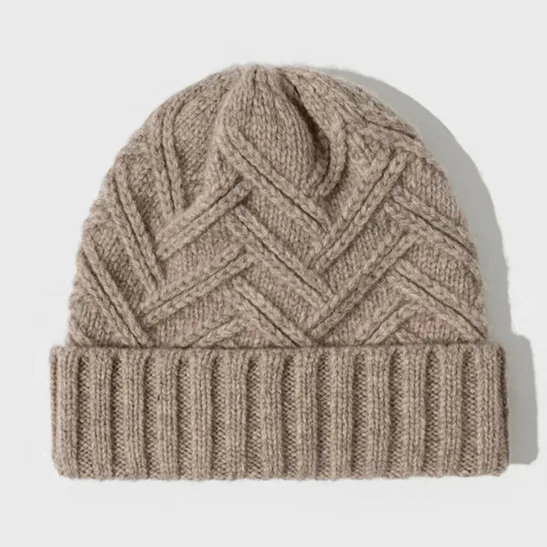 Warm Classic Wool Beanie - Ribbed Cuff, Chevron Knit