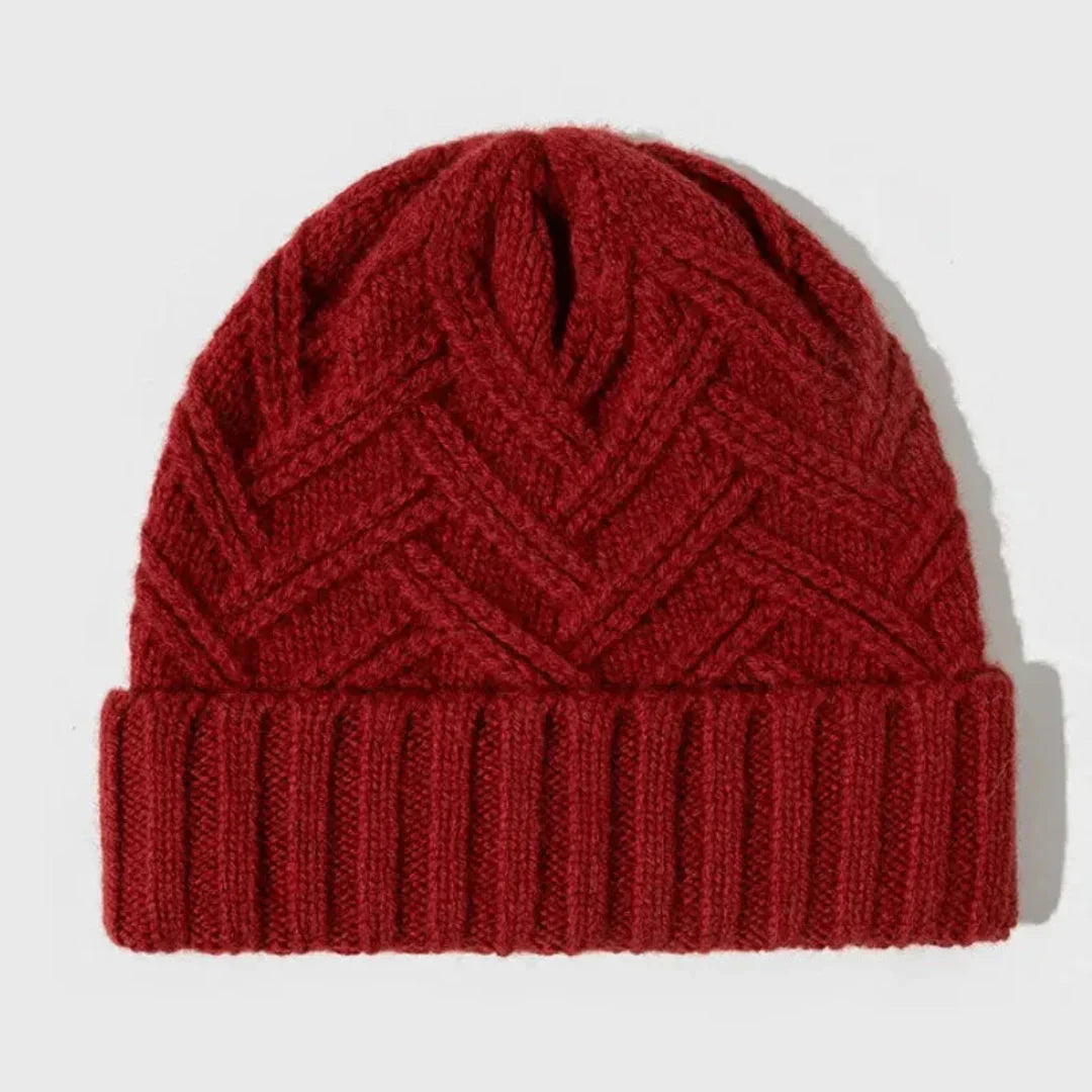 Warm Classic Wool Beanie - Ribbed Cuff, Chevron Knit