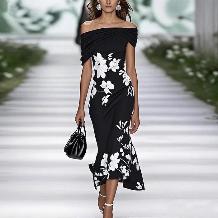 Lightweight women's dress - off-shoulder twist midi-length, floral print, polyester, for weddings