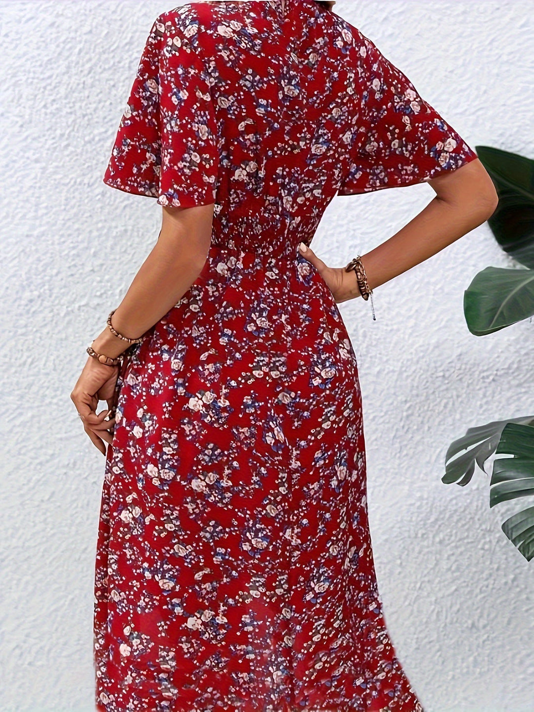 Feminine Boho Summer Dress with V-Neck and Flutter Sleeves, Lightweight Breathable Fabric, Available in Black and Red