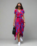 Elegant A-Line Women's Dress with V-Neck and Floral Pattern, Perfect for Summer and Formal Occasions