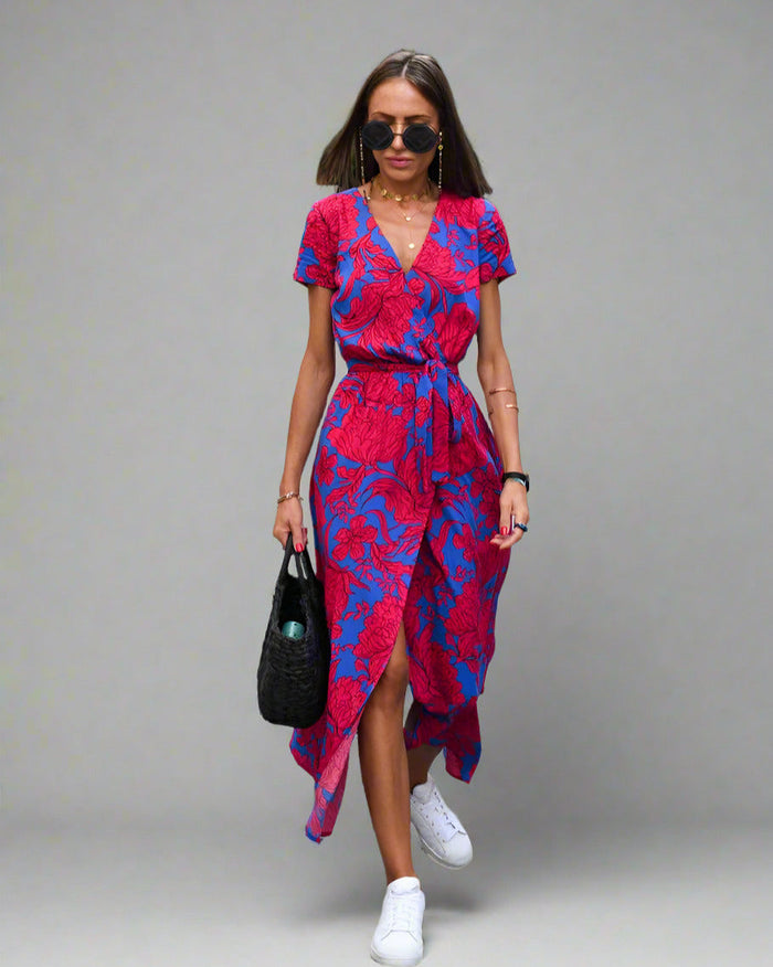 Elegant A-Line Women's Dress with V-Neck and Floral Pattern, Perfect for Summer and Formal Occasions