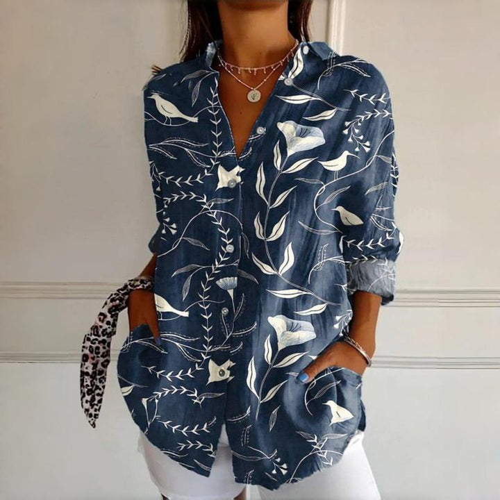Vintage Leaf Print Womens Blouse with Long Sleeves and Lace Collar for Spring and Autumn