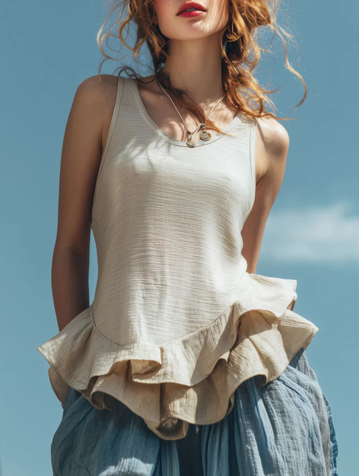 Lightweight Women's Sleeveless Top - Ruffled Hem, Polyester, Casual Wear For Everyday