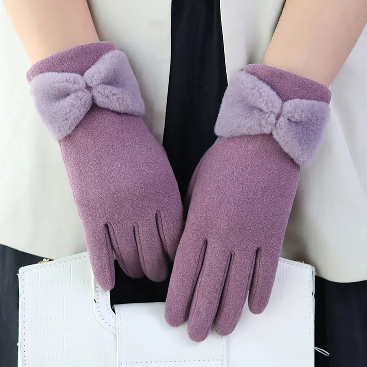 Warm Women Gloves - Bow Cuff, Fleece Lined, For Winter