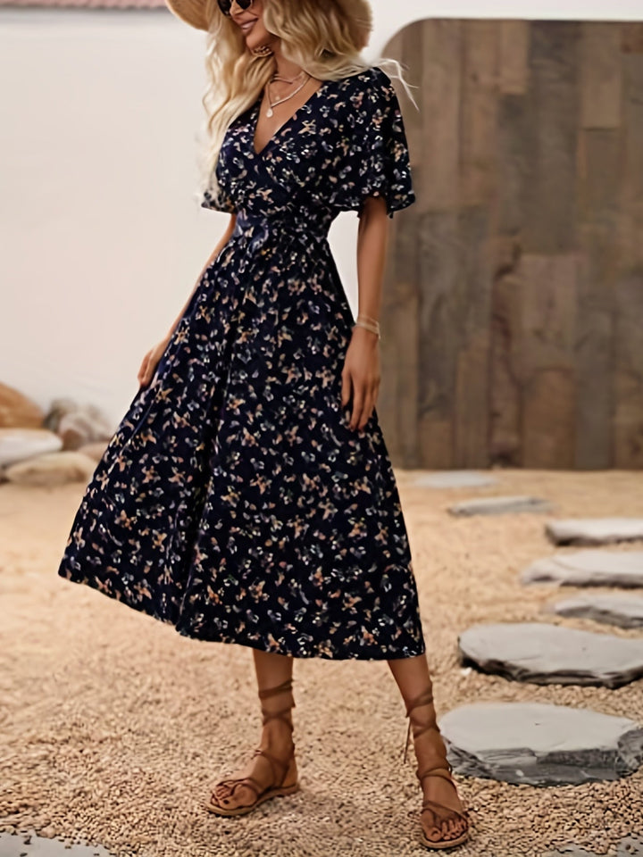 Feminine Boho Summer Dress with V-Neck and Flutter Sleeves, Lightweight Breathable Fabric, Available in Black and Red