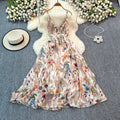 Lightweight women's dress – v-neck strap, adjustable waist, floral print, for summer