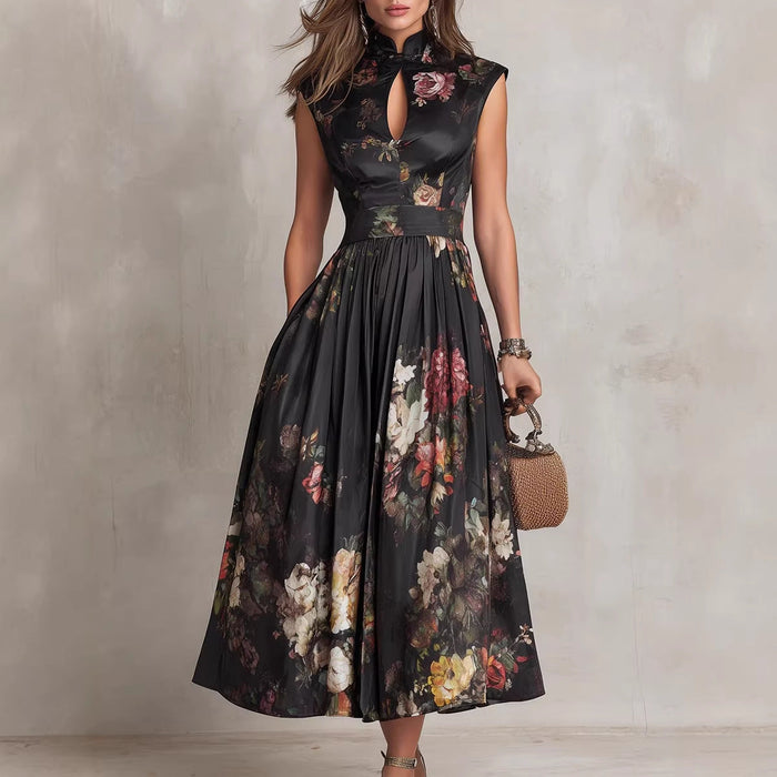 Lightweight women's maxi dress - floral-printed, high-waisted, pleated, polyester, for street fashion