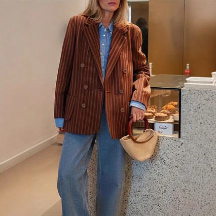 Lightweight women's striped blazer jacket - retro, double-breasted, polyester, for spring/autumn