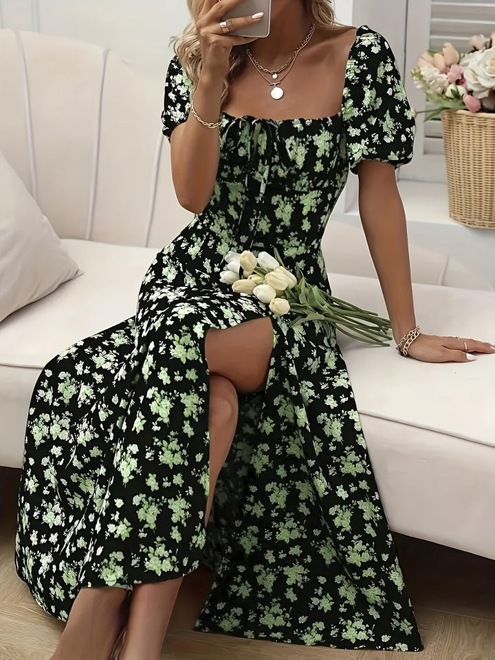 A-Line Floral Summer Dress with Puffed Sleeves for Women - Lightweight Formal Wedding Guest Dresses