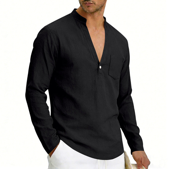 Breathable men's loose linen long-sleeve pullover shirt – relaxed fit, linen, casual