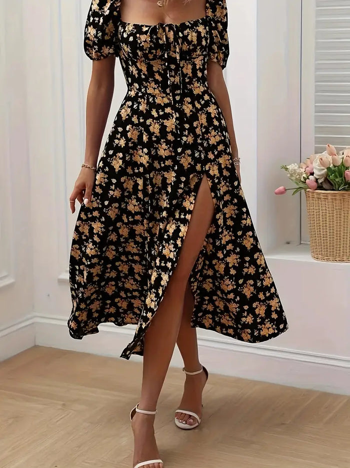 A-Line Floral Summer Dress with Puffed Sleeves for Women - Lightweight Formal Wedding Guest Dresses