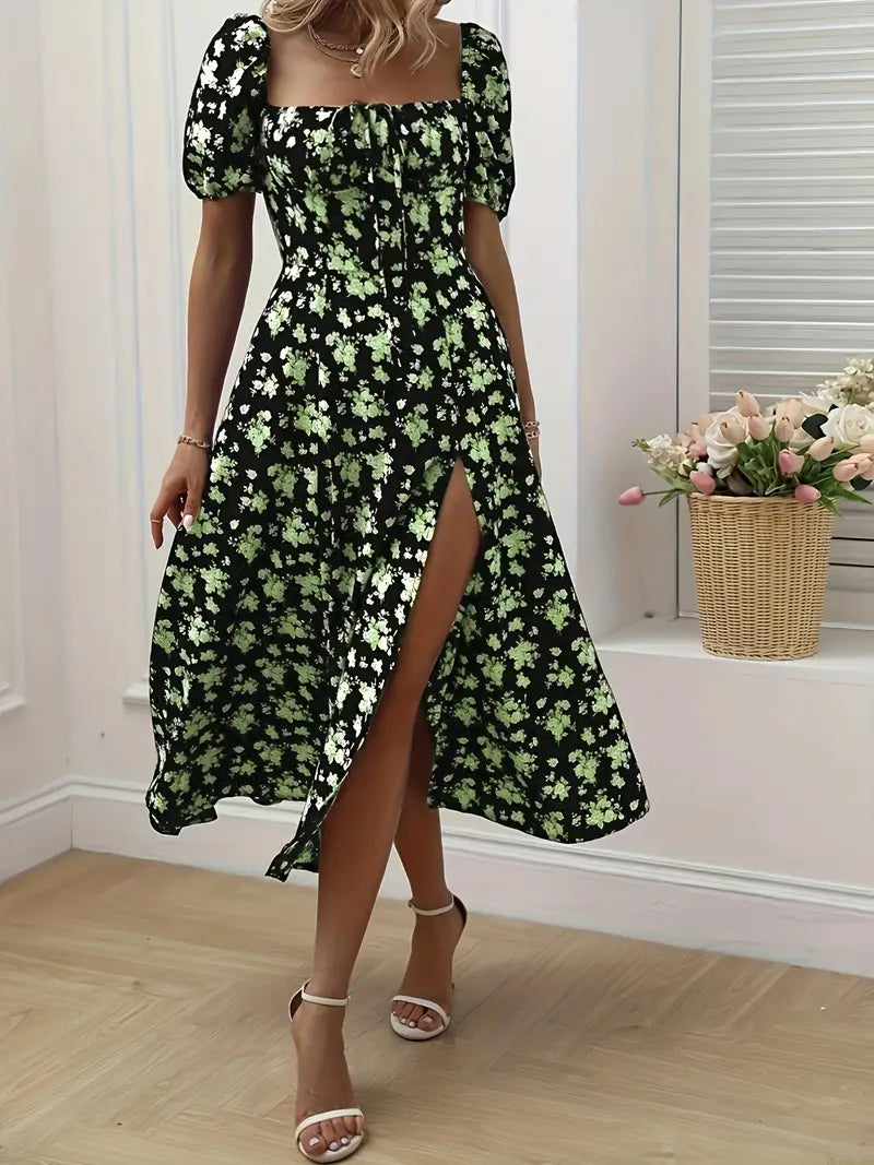 A-Line Floral Summer Dress with Puffed Sleeves for Women - Lightweight Formal Wedding Guest Dresses