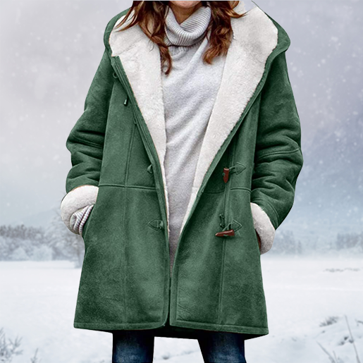 Warm Womens Winter Jacket - Hooded Mid-Thigh, Suede