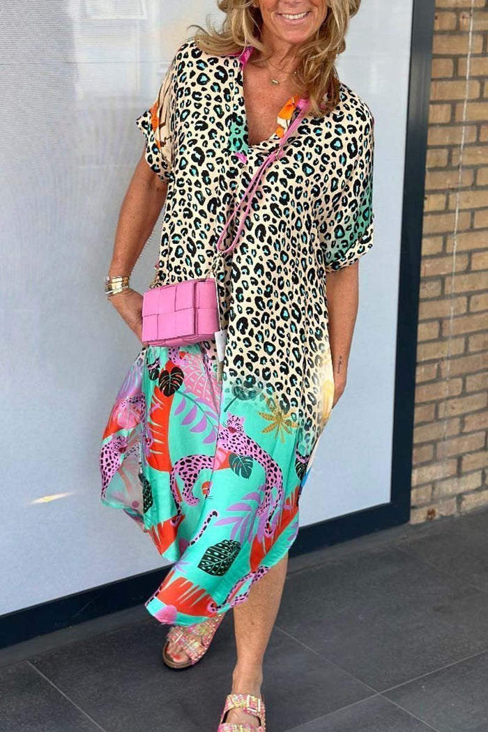 Plus Size Women's Leopard Pattern Short Sleeve Dress for Casual and Semi-Formal Occasions