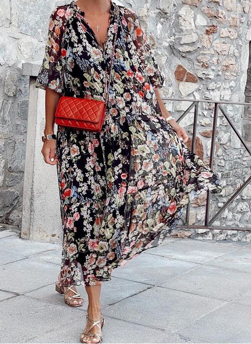 Comfortable Women's V-Neck Floral Dress for Spring and Summer - High-Quality Fabric, Normal Fit, Versatile Style