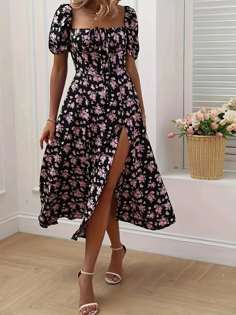 A-Line Floral Summer Dress with Puffed Sleeves for Women - Lightweight Formal Wedding Guest Dresses